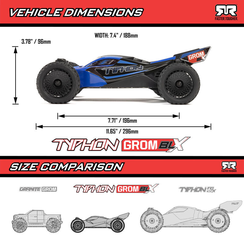 Arrma TYPHON GROM 223S BLX Brushless 4X4 Small Scale Buggy RTR with Battery & Charger, Red