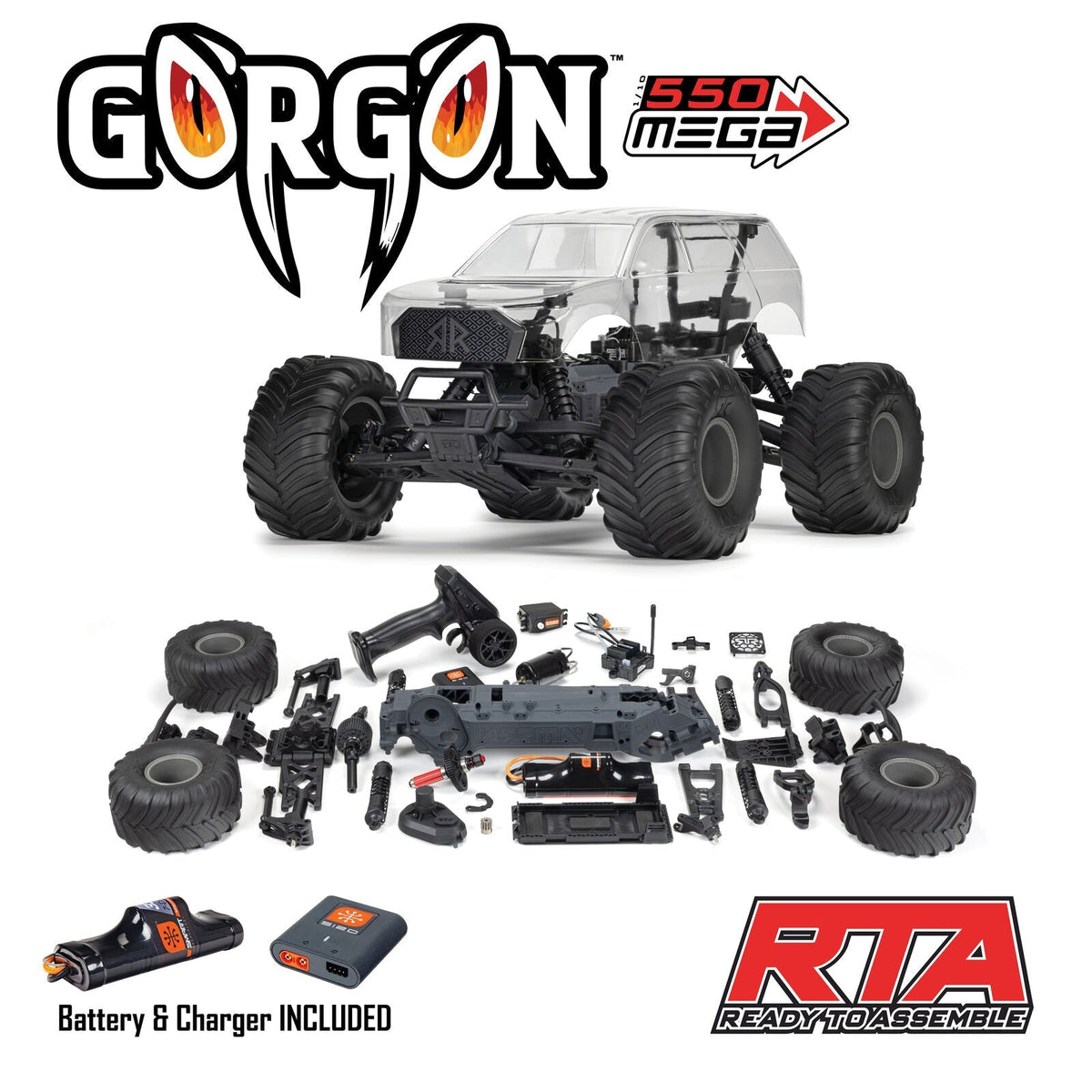 Arrma 1/10 GORGON 2WD RTA Kit Brushed Monster Truck (Battery & Charger Included), Clear