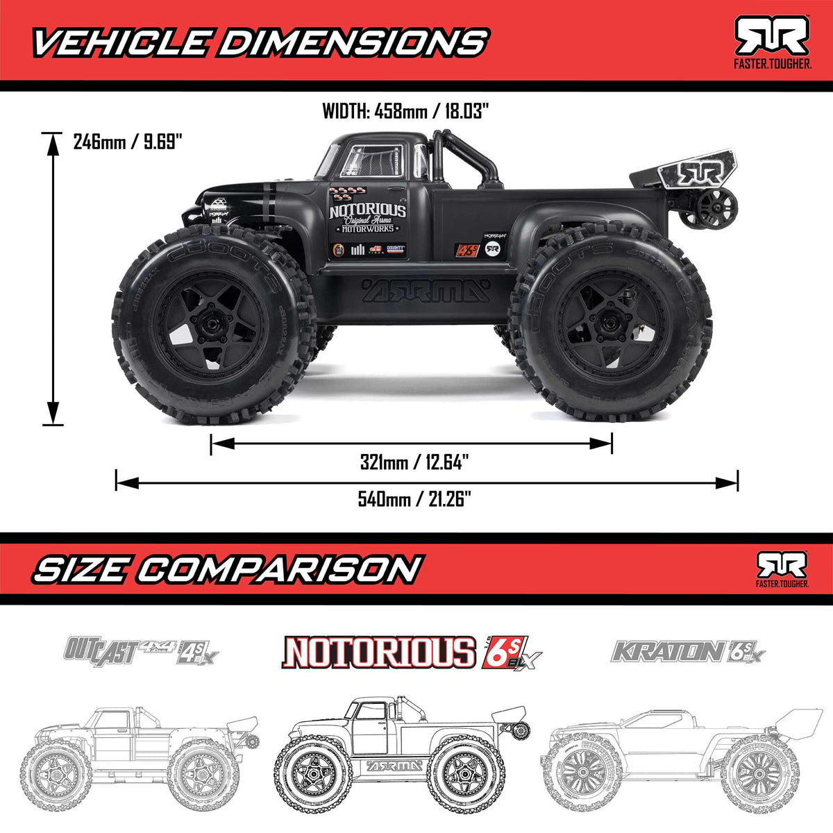 Arrma 1/8 NOTORIOUS 4X4 6S BLX BRUSHLESS V6 STUNT TRUCK RTR (Black)