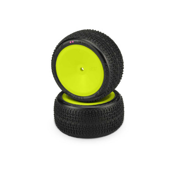 1/10 Twin Pins 2.2” Pre-Mounted Rear Buggy Tires, Yellow Wheels, Pink Compound (2)