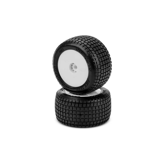1/16 Dirt Trac Mini Rear Pre-Mounted 2WD Buggy Tires, White Wheels, Green Compound (2)