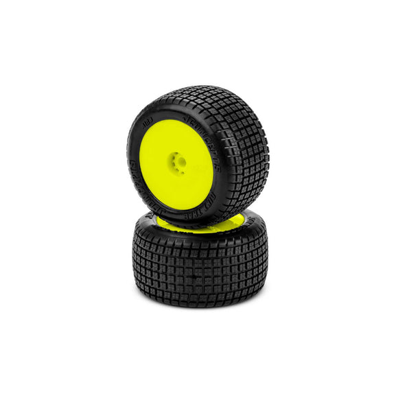 1/16 Dirt Trac Mini Rear Pre-Mounted 2WD Buggy Tires, Yellow Wheels, Green Compound (2)