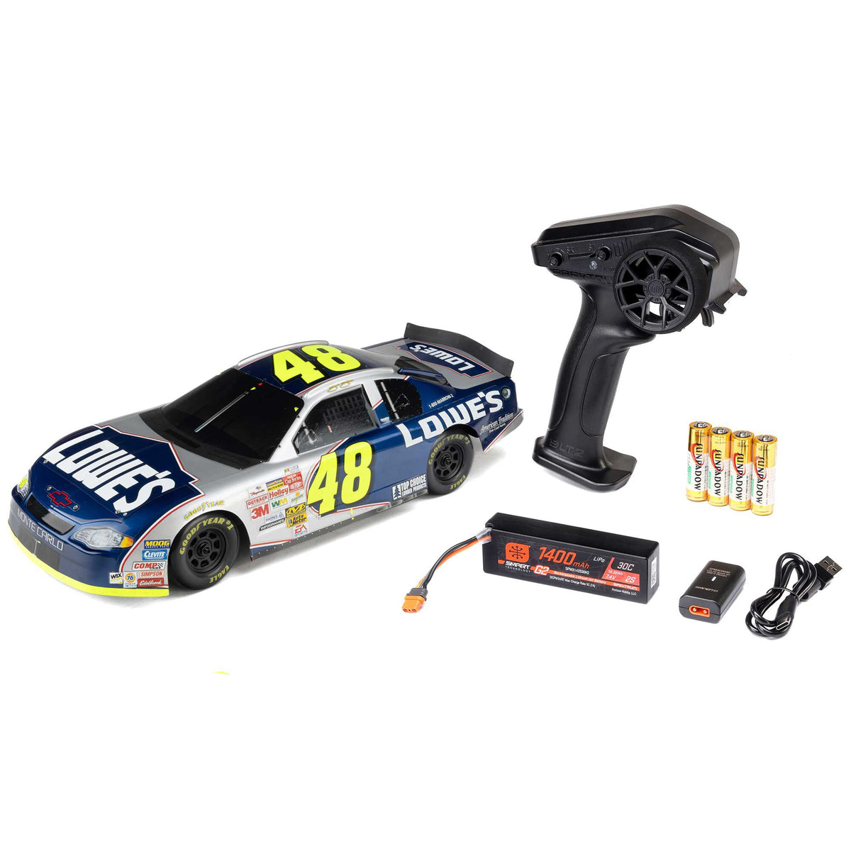 1/12 NASCAR RC Race Car Jimmie Johnson No. 48 Lowes Chevrolet Monte Carlo 2S AWD RTR Brushed On-Road (Battery & Charger Included), Blue
