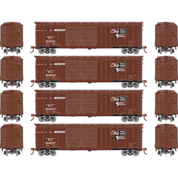 HO PS-1 Double Sliding Door Box Car, RI 'Rocket Freight' #262857 / 262909 / 262952 / 262981 (4)