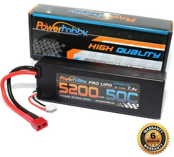 Power Hobby - 5200mAh 7.4V 2S 50C LiPo Battery with Hardwired T-Plug Connector