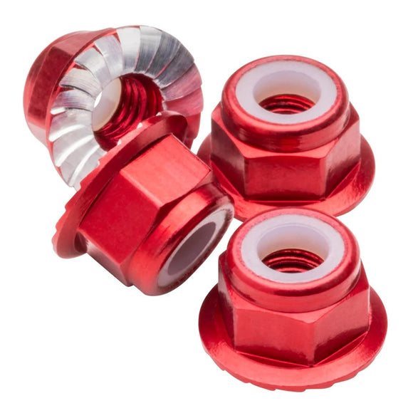 M4 Flanged & Serrated Aluminum Locknuts, Red, 4pcs