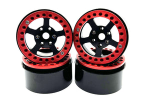 1.9" Aluminum Beadlock Rims (4pcs) 5 Star, Black with Red